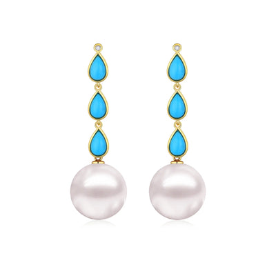 Venus Tears Turqouise Diamond 12-13mm Pearl Convertible Drop Earrings 14k yellow gold