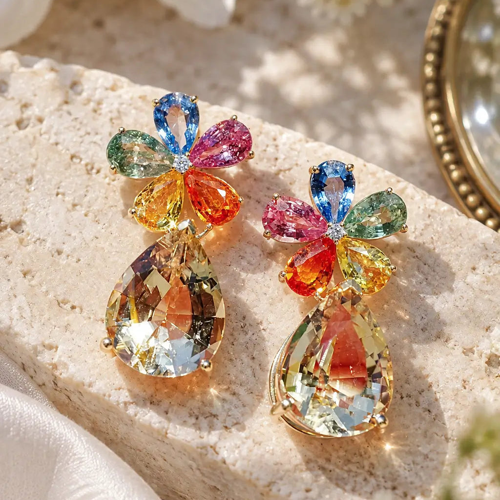 Garden Melody 13.43 ctw Natural Rainbow Sapphire, Champagne Scapolite & Diamond Drop Earrings (One-of-a-Kind)