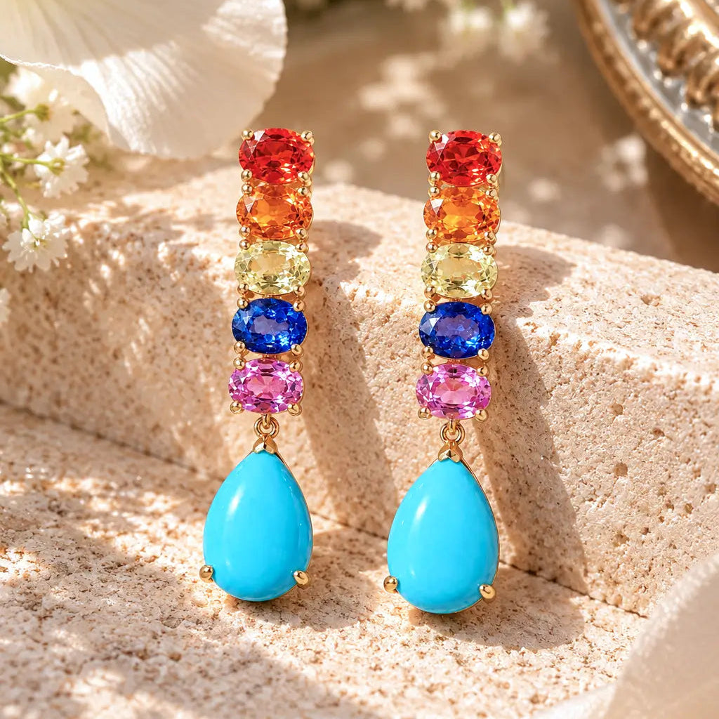 Garden Melody 7.10 ctw Natural Turquoise & Rainbow Sapphire Drop Earrings (One-of-a-Kind)