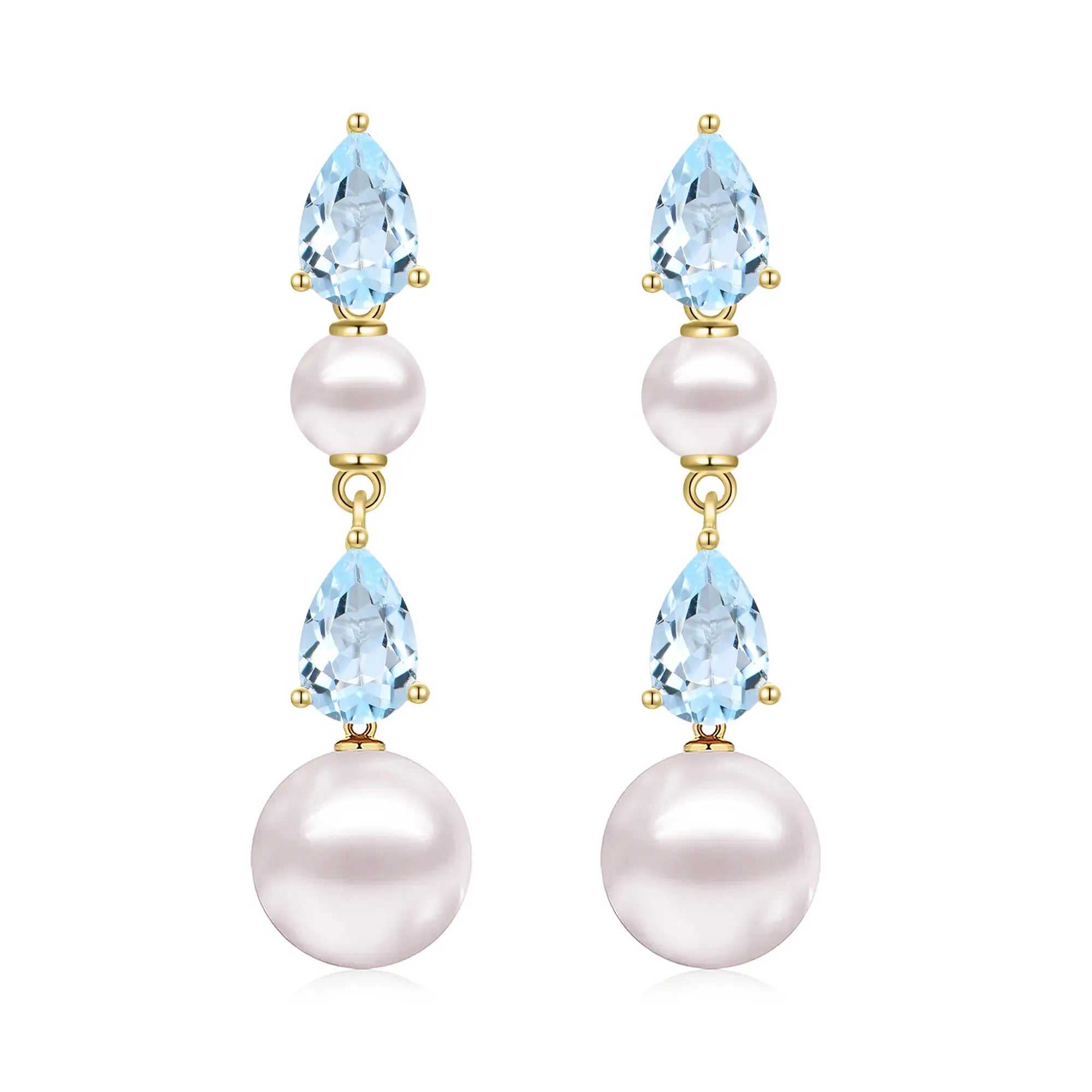 Venus Tears Natural Aquamarine Duo Pearl Drop Earrings 14k Yellow Gold