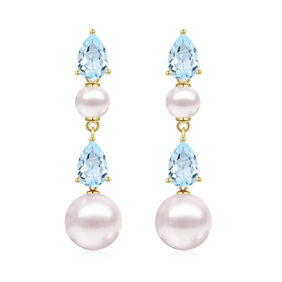 Venus Tears Natural Aquamarine Duo Pearl Drop Earrings 14k Yellow Gold