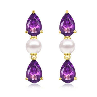Venus Tears Natural Purple Amethyst Pearl Drop Earrings 14k yellow gold