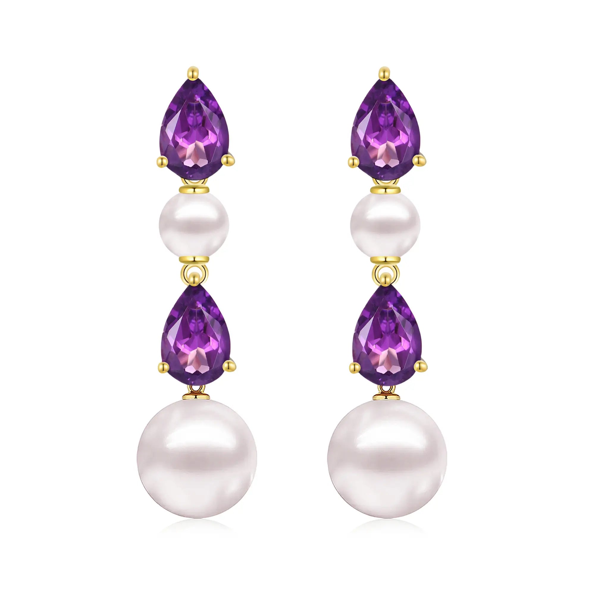 Venus Tears Natural Amethyst Pearl Drop Earrings 14k yellow gold