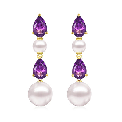 Venus Tears Natural Amethyst Pearl Drop Earrings 14k yellow gold