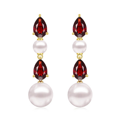 Venus Tears Natural Garnet Duo Cultured Pearl Drop Earrings 14k Yellow Gold