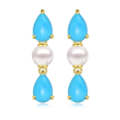 Venus Tears Pear Natural Turquoise Pearl Drop Earrings 14k Yellow gold