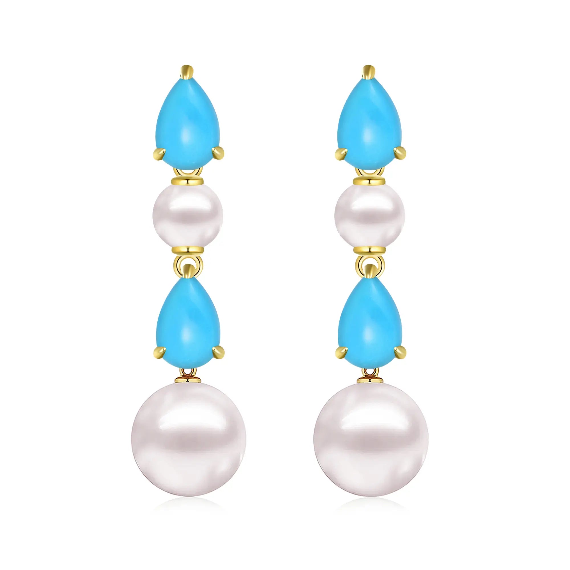 Venus Tears Natural Turquoise Duo Pearl Drop Earrings 14k yellow gold