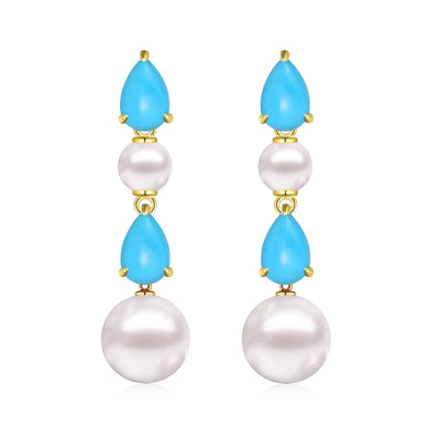 Venus Tears Natural Turquoise Duo Pearl Drop Earrings 14k yellow gold