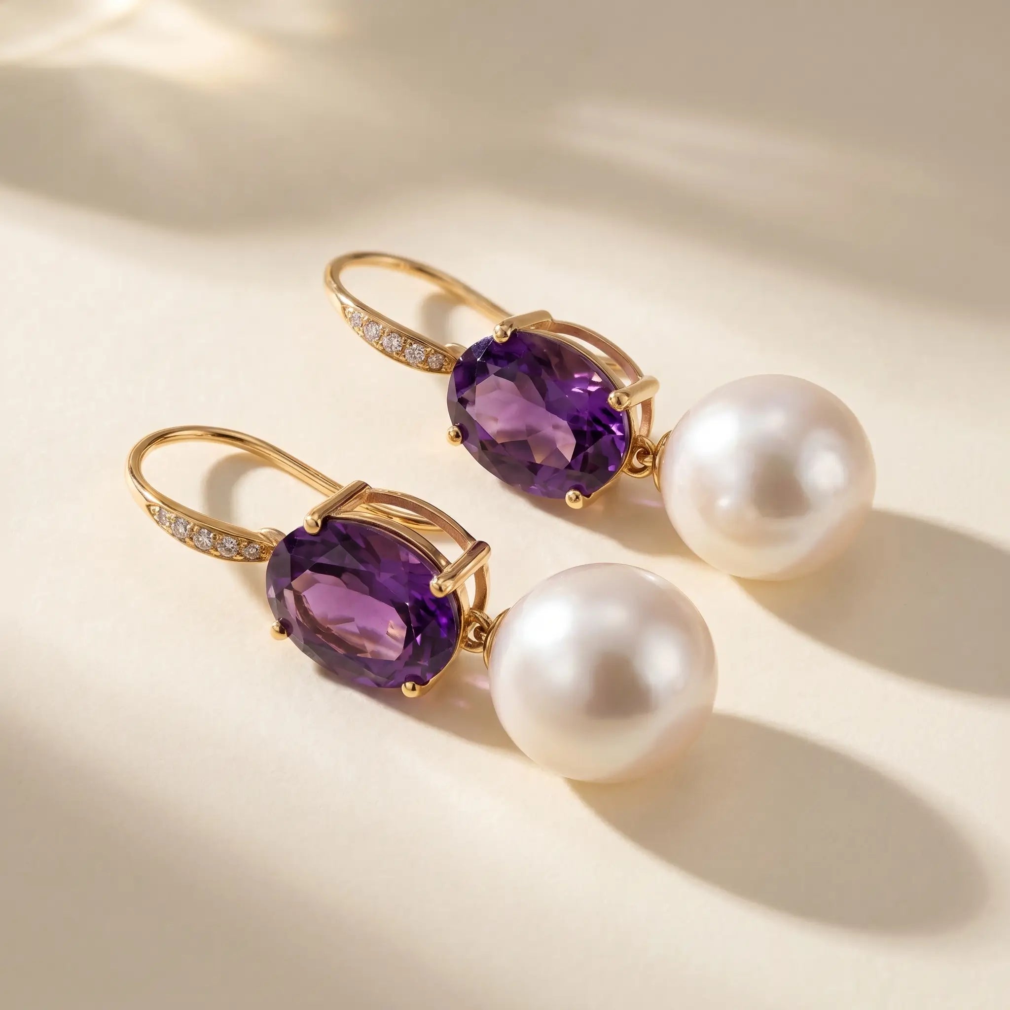 14k gold Radiant Oval Natural Amethyst, Diamond & Cultured Pearl Convertible Drop Earrings