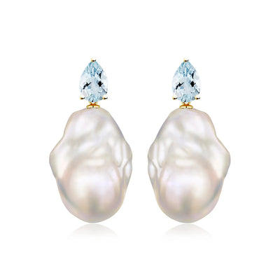 Venus Tears Natural Aquamarine Baroque Pearl Convertible Drop Earrings in 14k yellow gold