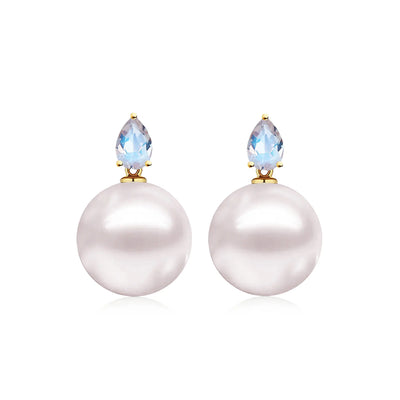 14k yellow gold Venus Tears Moonstone Round Cultured Pearl 12-13mm Convertible Drop Earrings