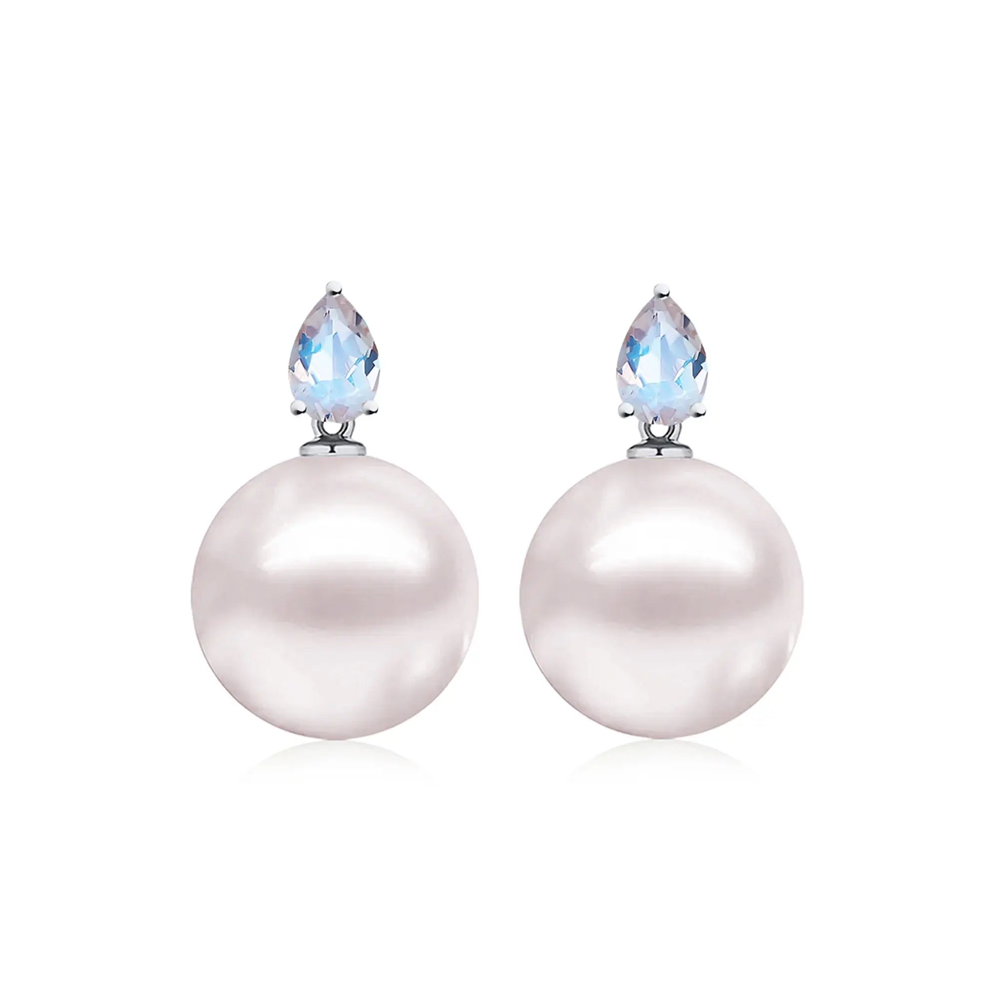 14k white gold Venus Tears Moonstone Round Cultured Pearl 12-13mm Convertible Drop Earrings