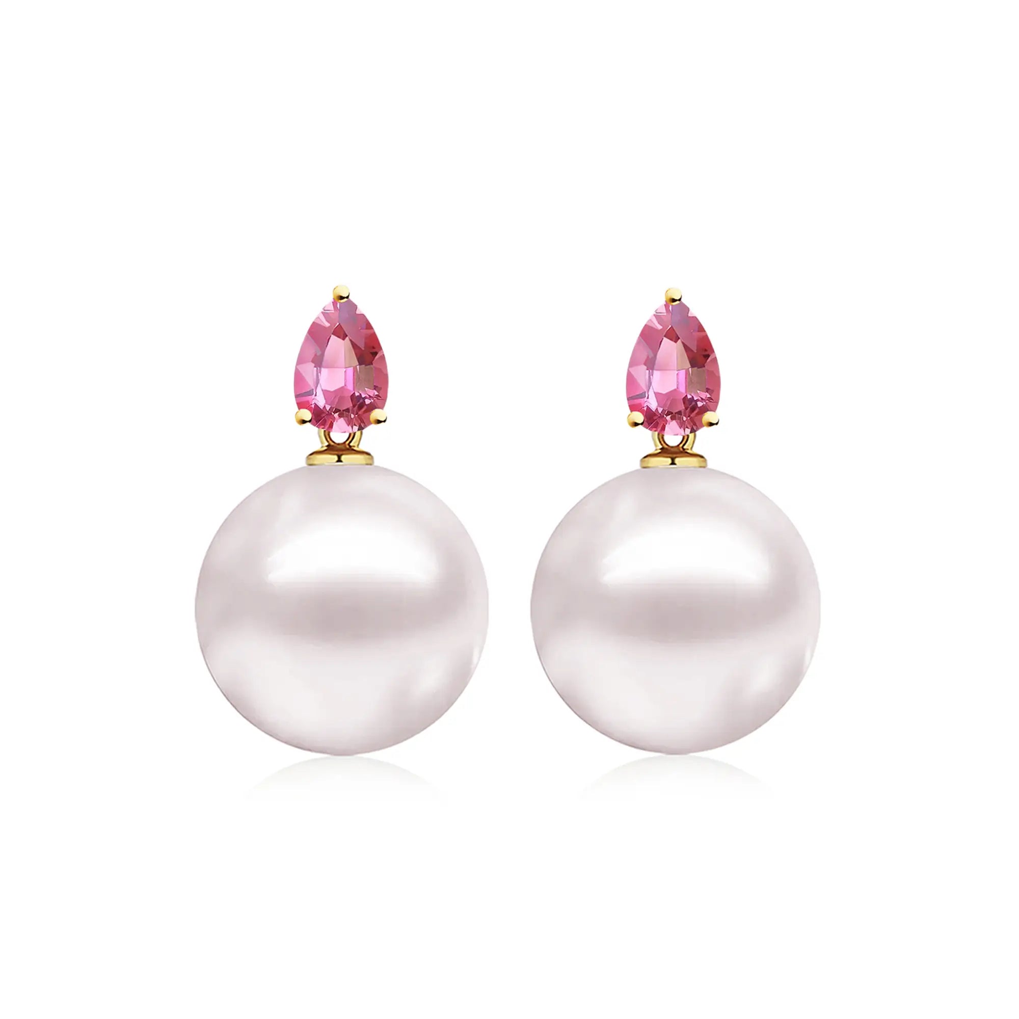 Venus Tears Pink Tourmaline Round Pearl Convertible Drop Earrings 14k yellow gold 