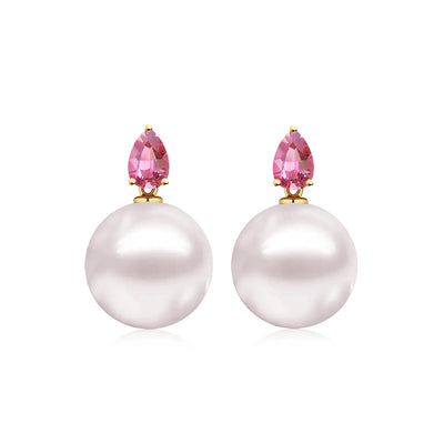Venus Tears Pink Tourmaline Round Pearl Convertible Drop Earrings 14k yellow gold 