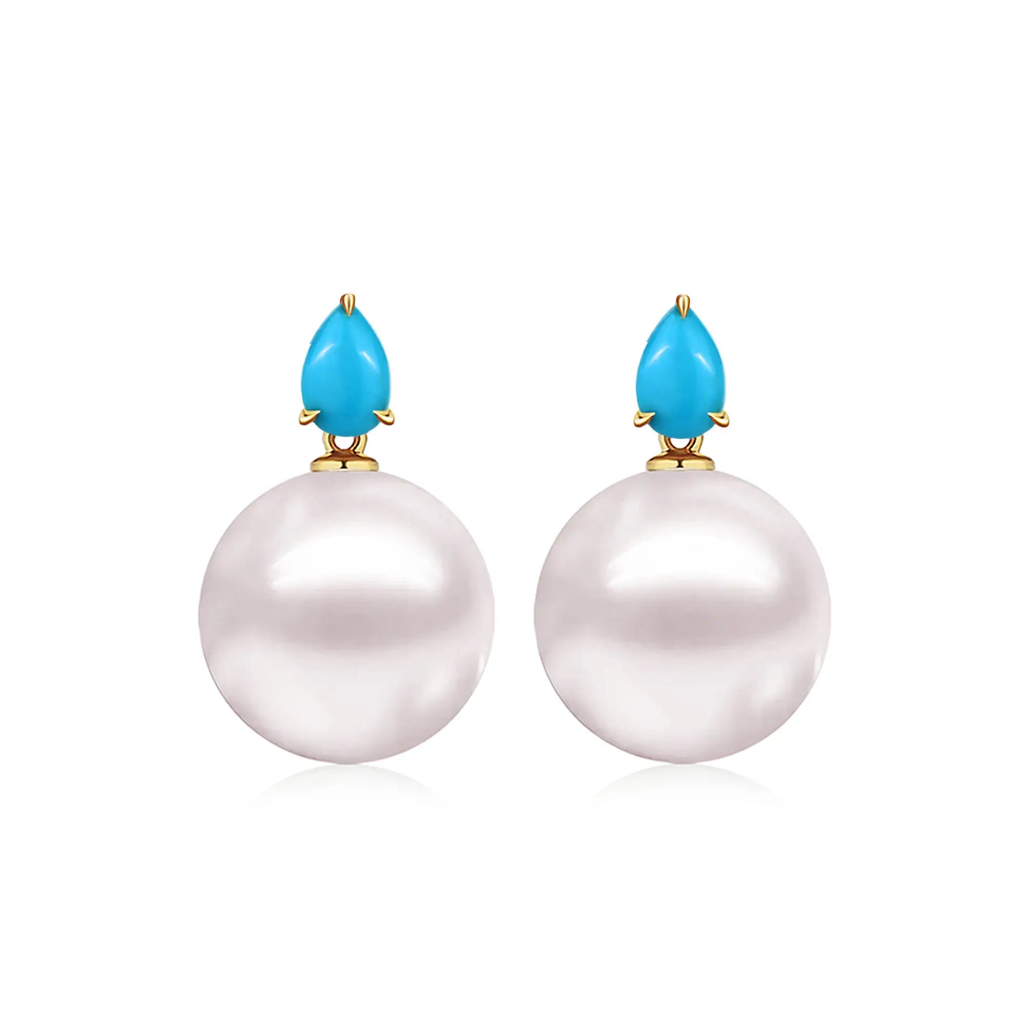 Venus Tears Turquoise 12-13mm cultured Round Pearl Convertible Drop Earrings 14k yellow gold