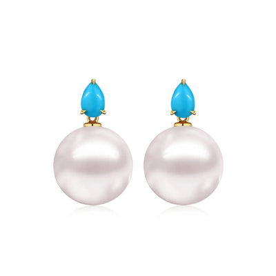 Venus Tears Turquoise 12-13mm cultured Round Pearl Convertible Drop Earrings 14k yellow gold