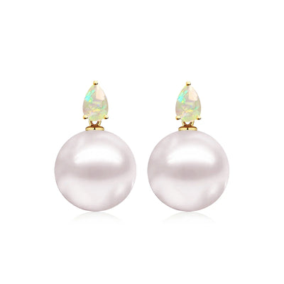 14k yellow gold Venus Tears Fire Opal 12-13mm Cultured Round Pearl Convertible Drop Earrings