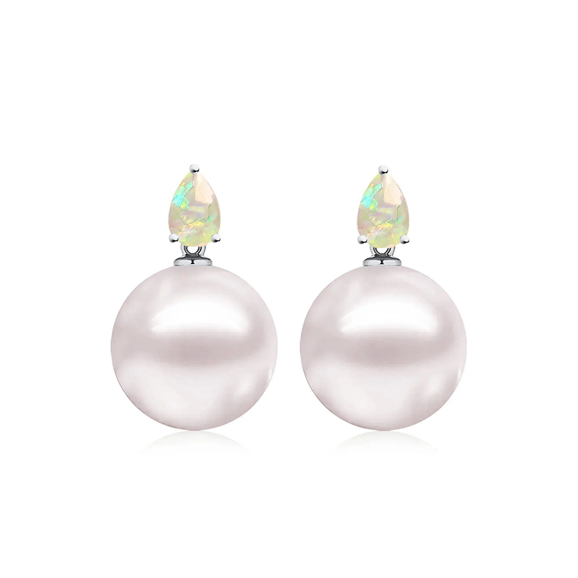 14k white gold Venus Tears Fire Opal 12-13mm Cultured Round Pearl Convertible Drop Earrings