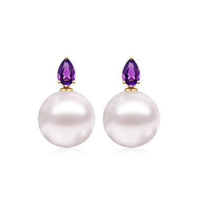 14k yellow gold Venus Tears Amethyst 12-13mm Freshwater Round Pearl Convertible Drop Earrings