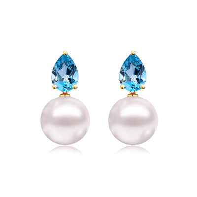 14k yellow gold natural blue topaz cultured pearl convertibe drop earrings 