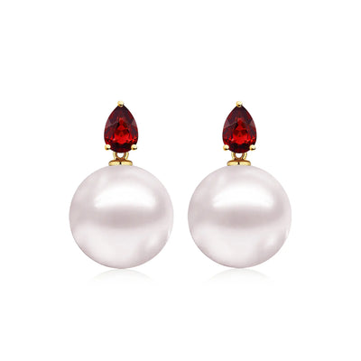 14k yellow gold Venus Tears Garnet 12-13mm Freshwater Round Pearl Convertible Drop Earrings