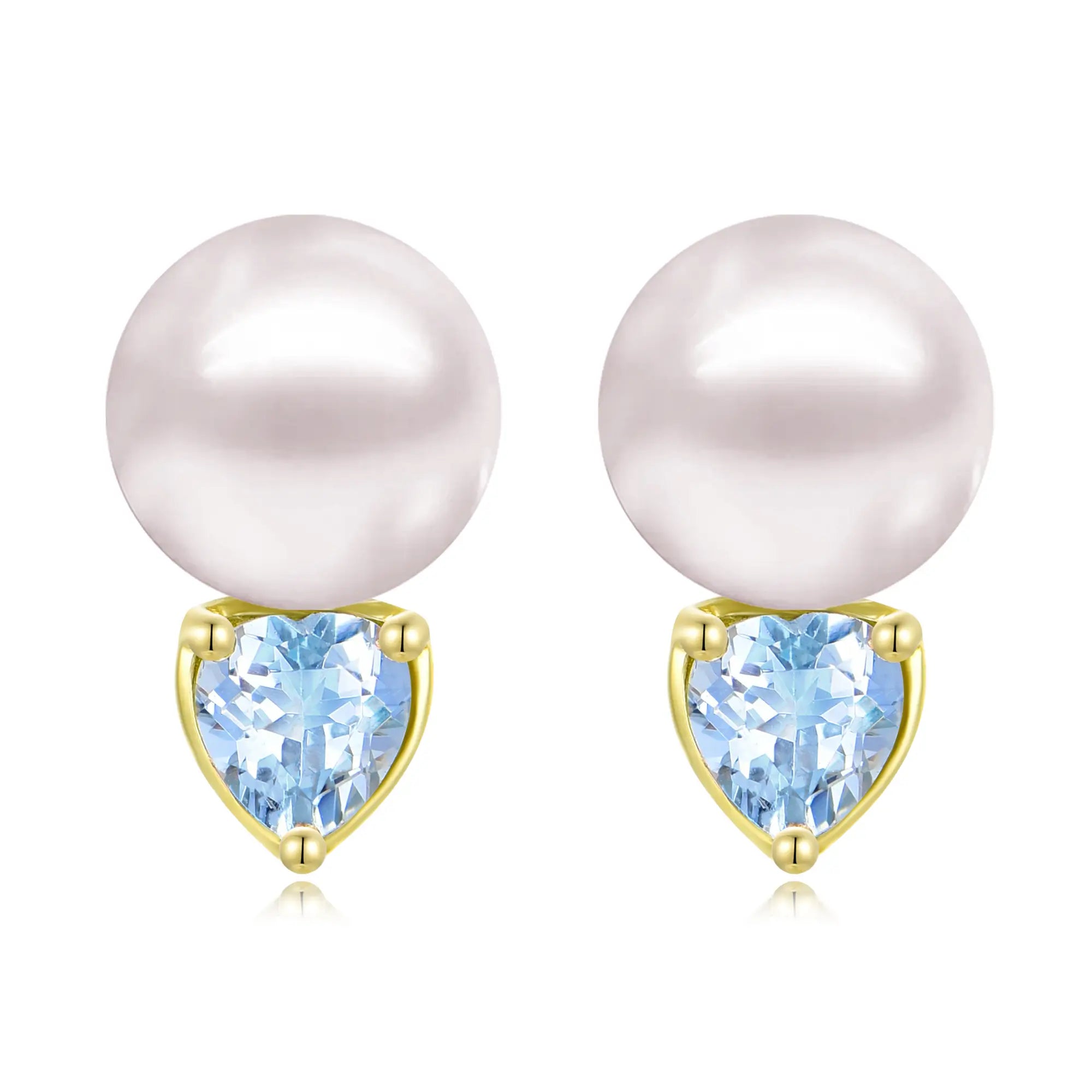 Venus Natural Heart Aquamarine Pearl Stud Earrings 14k yellow gold