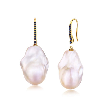 14k yellow gold blue sapphire Convertible Baroque Pearl Drop Earrings