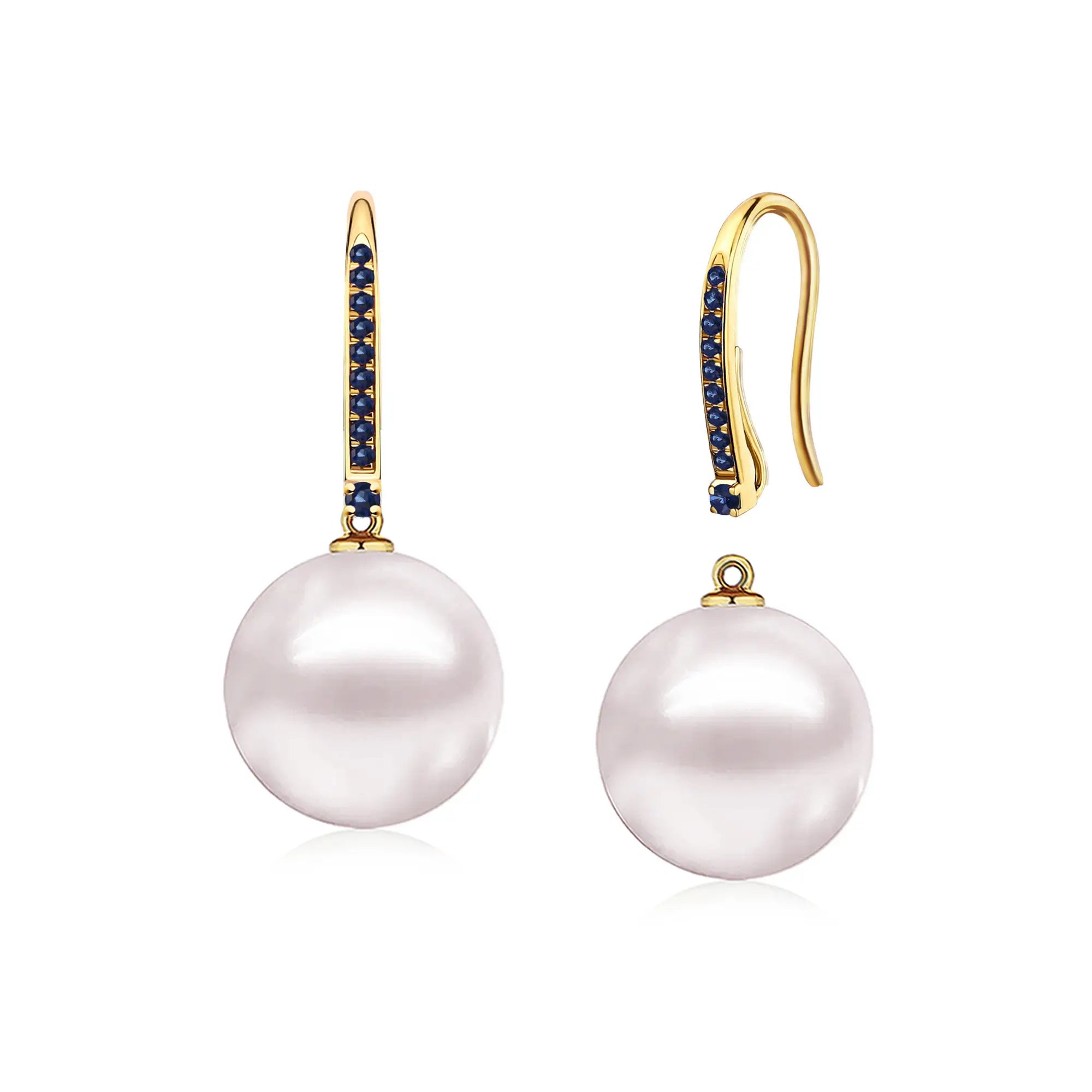 14k yellow gold natural blue sapphire cultured Round Pearl Convertible Drop Earrings