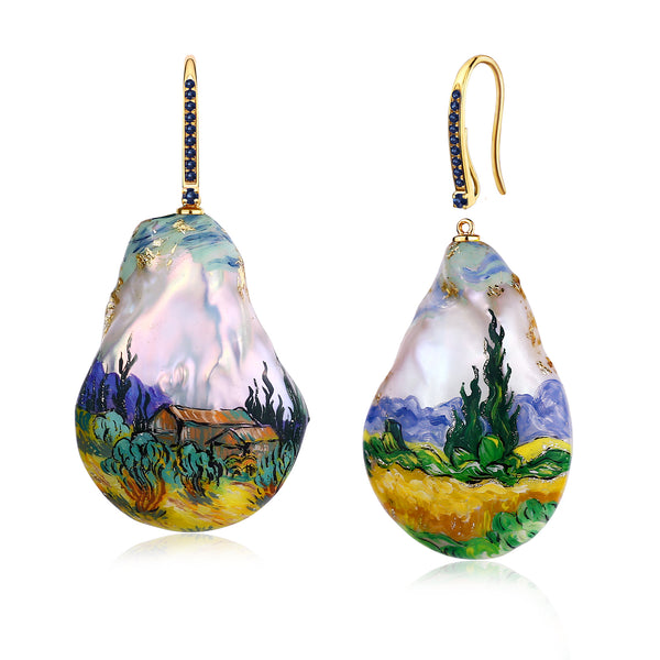 Paradise Sapphire Convertible Hand-painted Wheatfield Pearl Drop Earrings