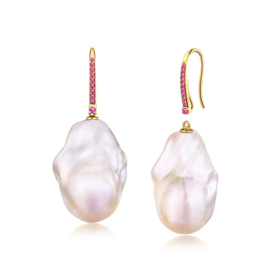 14k yellow gold Pink Sapphire Convertible Baroque Pearl Drop Earrings