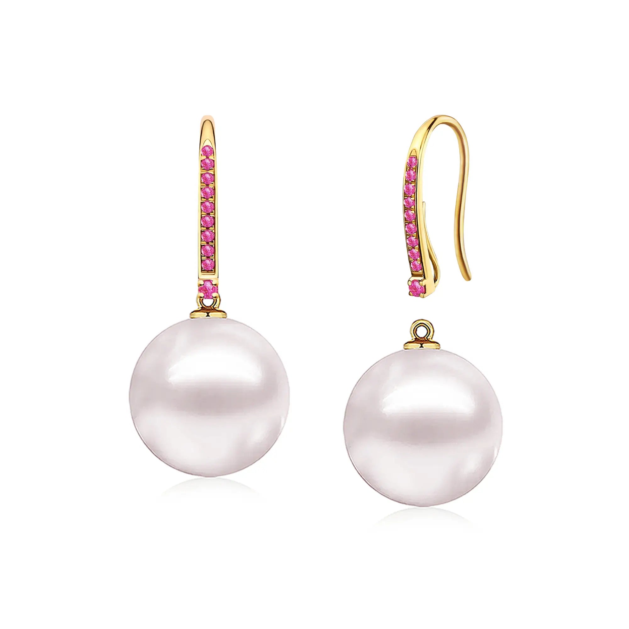 14k solid gold Pink Sapphire Round Cultured Freshwater Pearl Convertible Drop Earrings