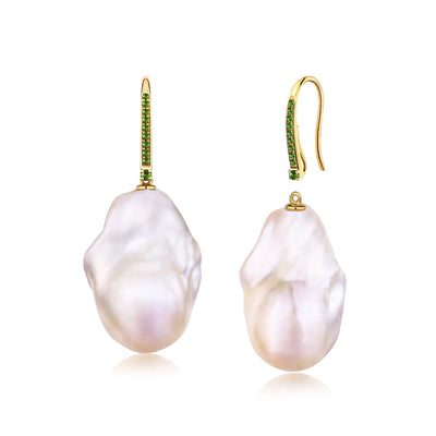 14k yellow gold Tsavorite Baroque Pearl convertible Drop Earrings