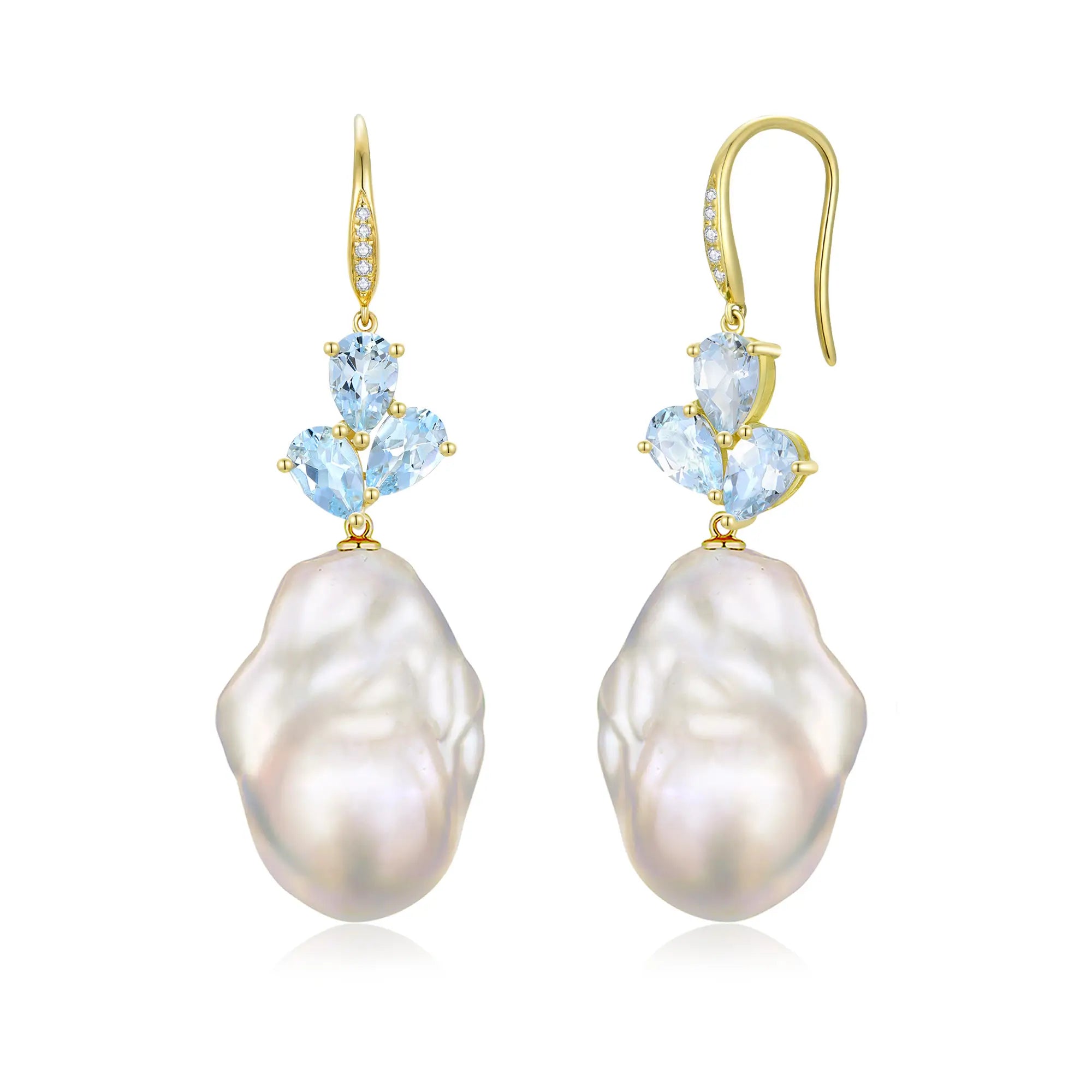 Allure Natural Aquamarine Diamond Broque Pearl Convertible Drop Earrings 14k yellow gold