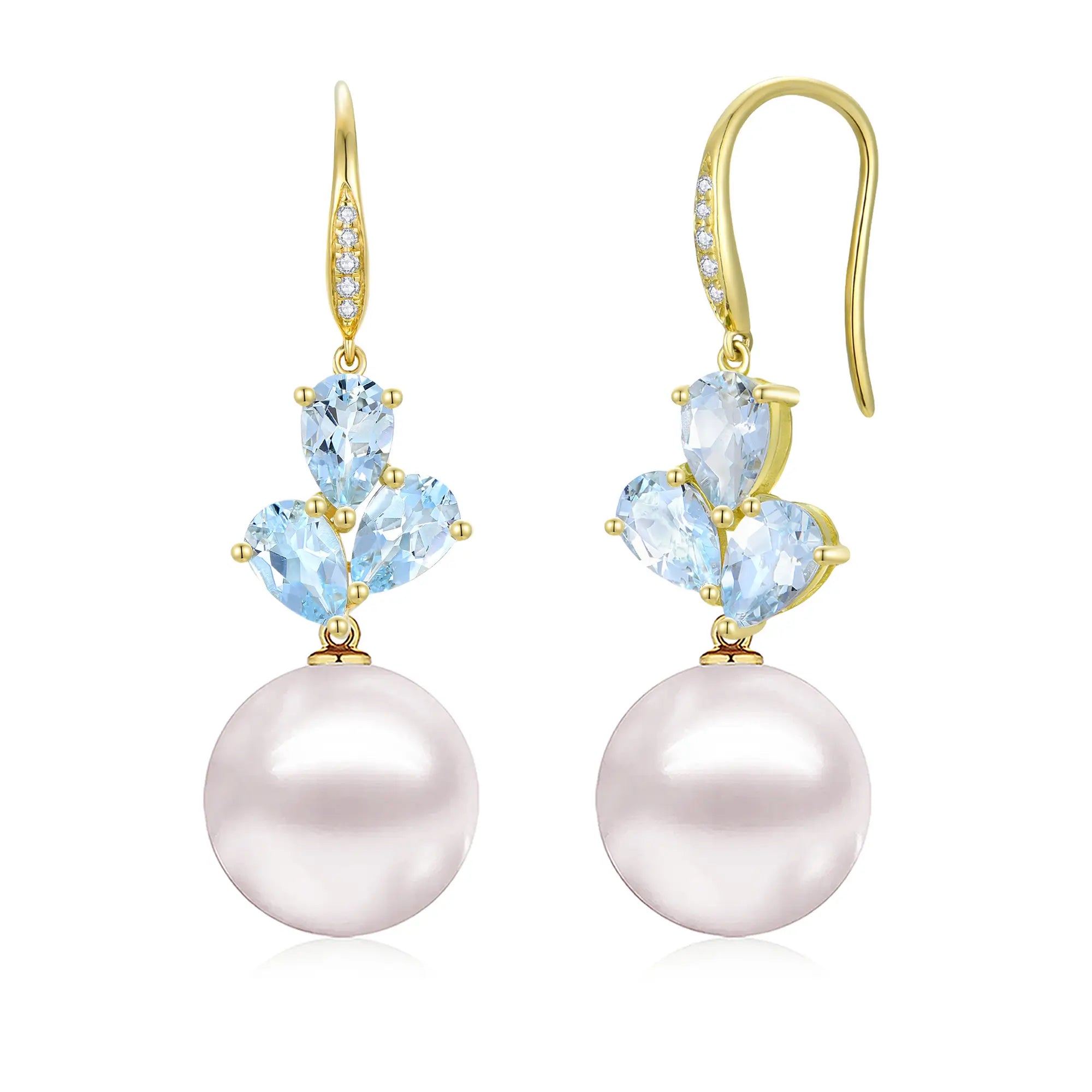 Allure Natural Aquamarine Diamond Round Pearl Convertible Drop Earrings 14k yellow gold