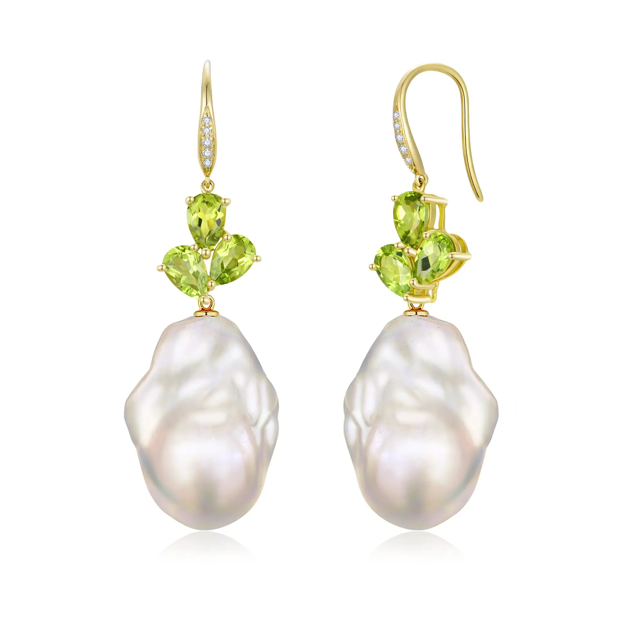 Allure Natural Peridot Diamond Broque Pearl Convertible Drop Earrings 14k yellow gold