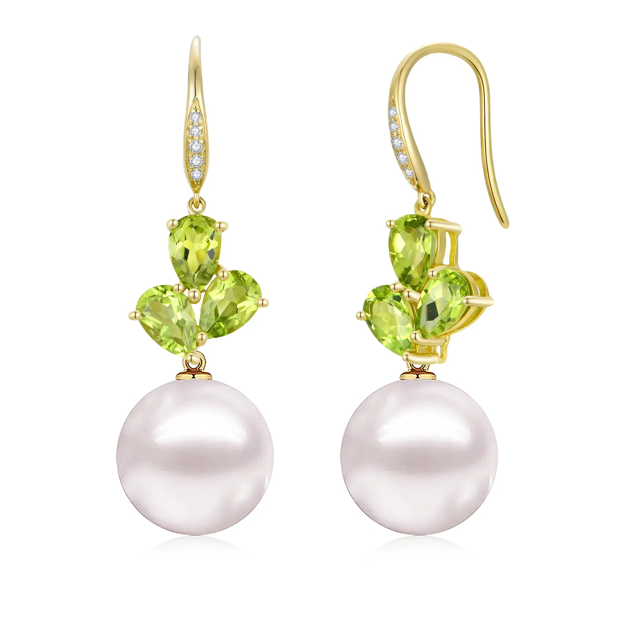 Allure Natural Peridot Diamond Cultured Round Pearl Convertible Drop Earrings 14k yellow gold