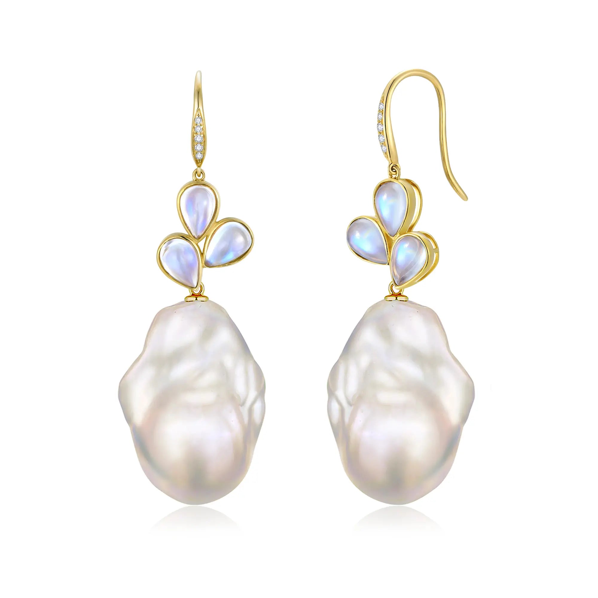 Allure Natural Rainbow Moonstone Diamond Broque Pearl Convertible Drop Earrings 14k yellow gold