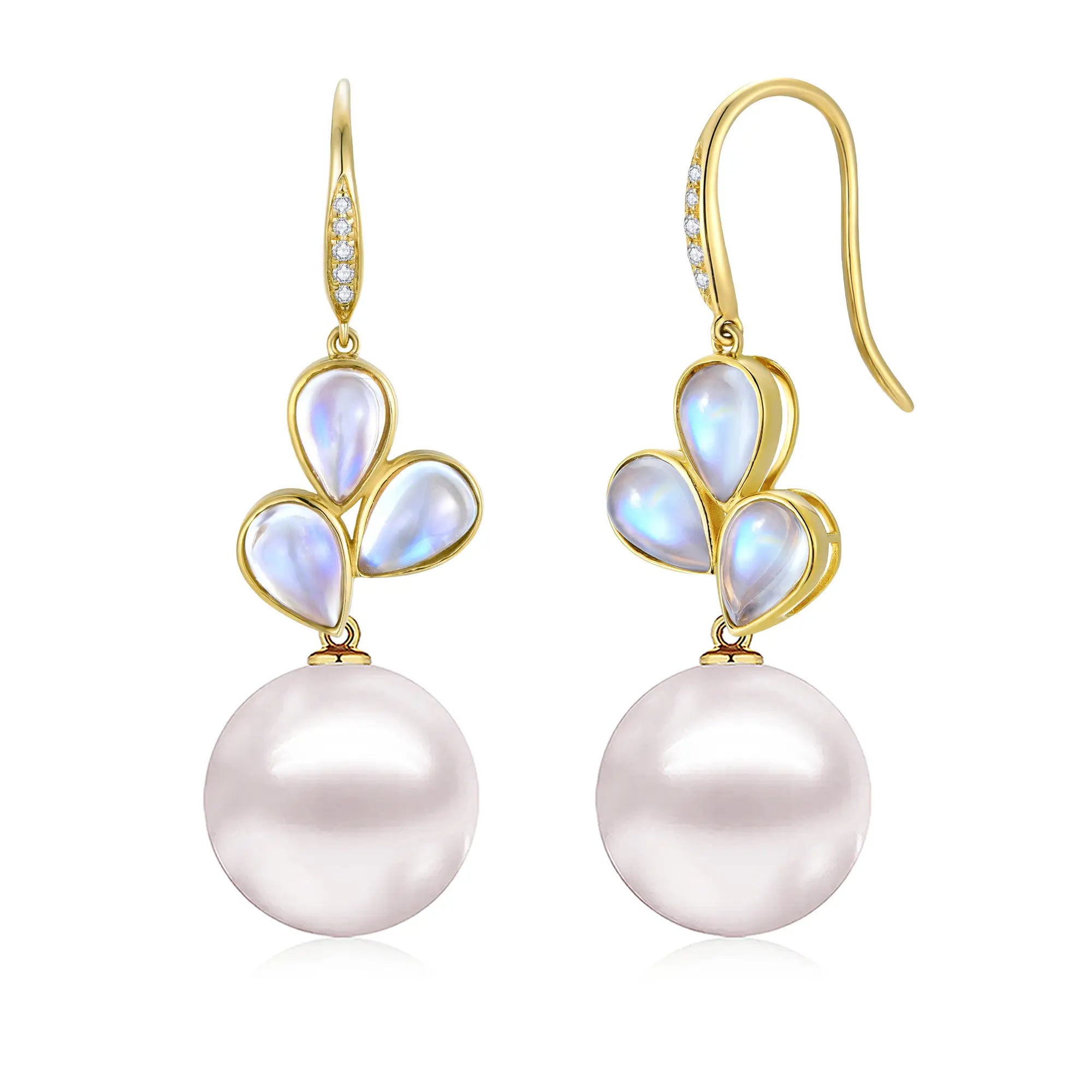 Allure Natural Rainbow Moonstone Diamond Cultured Round Pearl Convertible Drop Earrings 14k yellow gold 