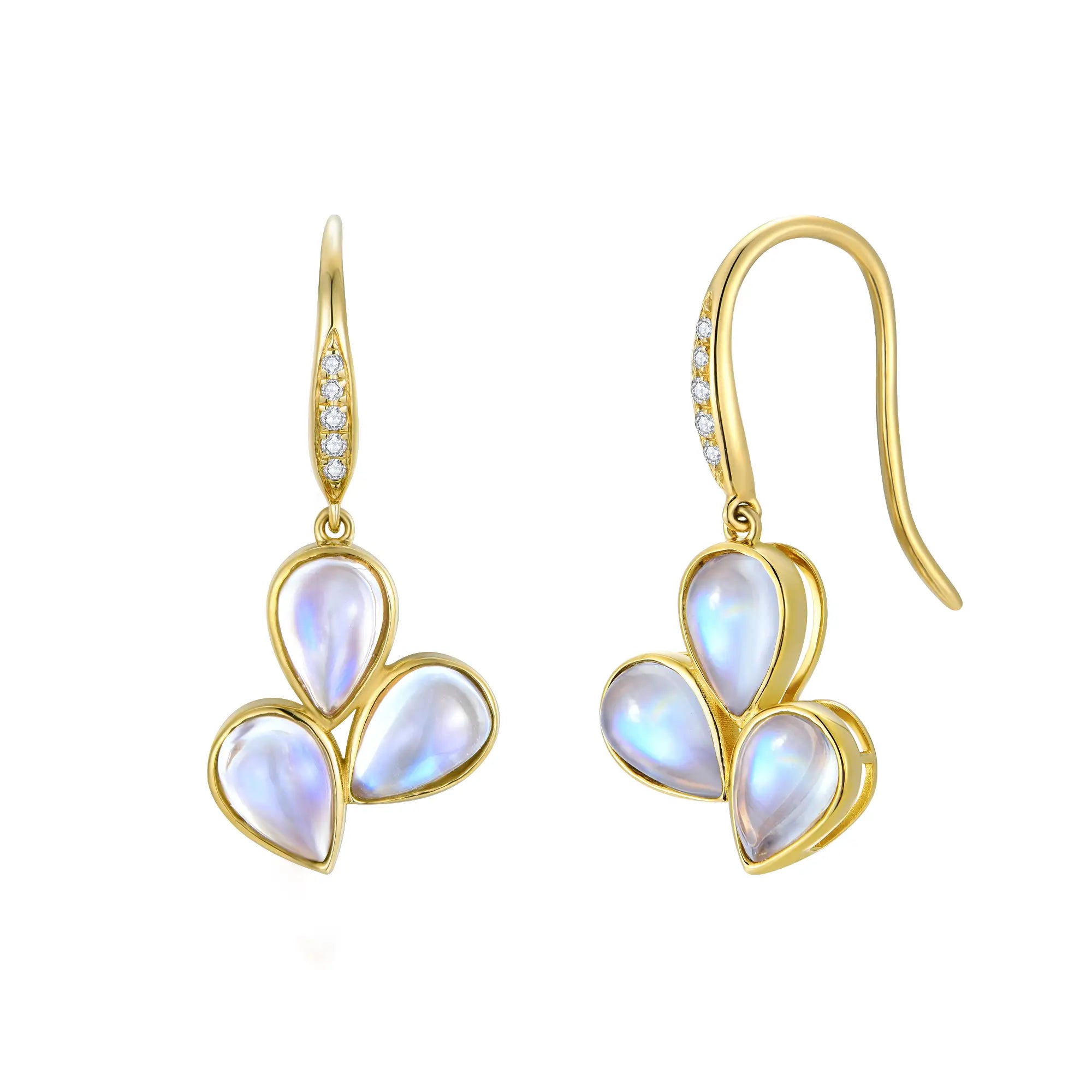 Allure Natural Rainbow Moonstone Diamond Drop Earrings 14k yellow gold