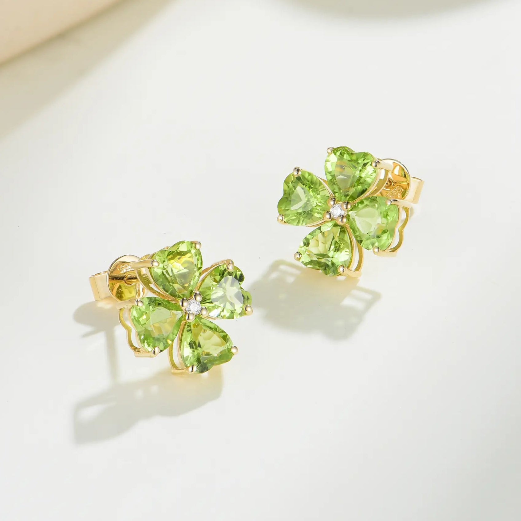 Natural Heart Peridot Diamond Clover Pearl Earrings 14K Yellow Gold