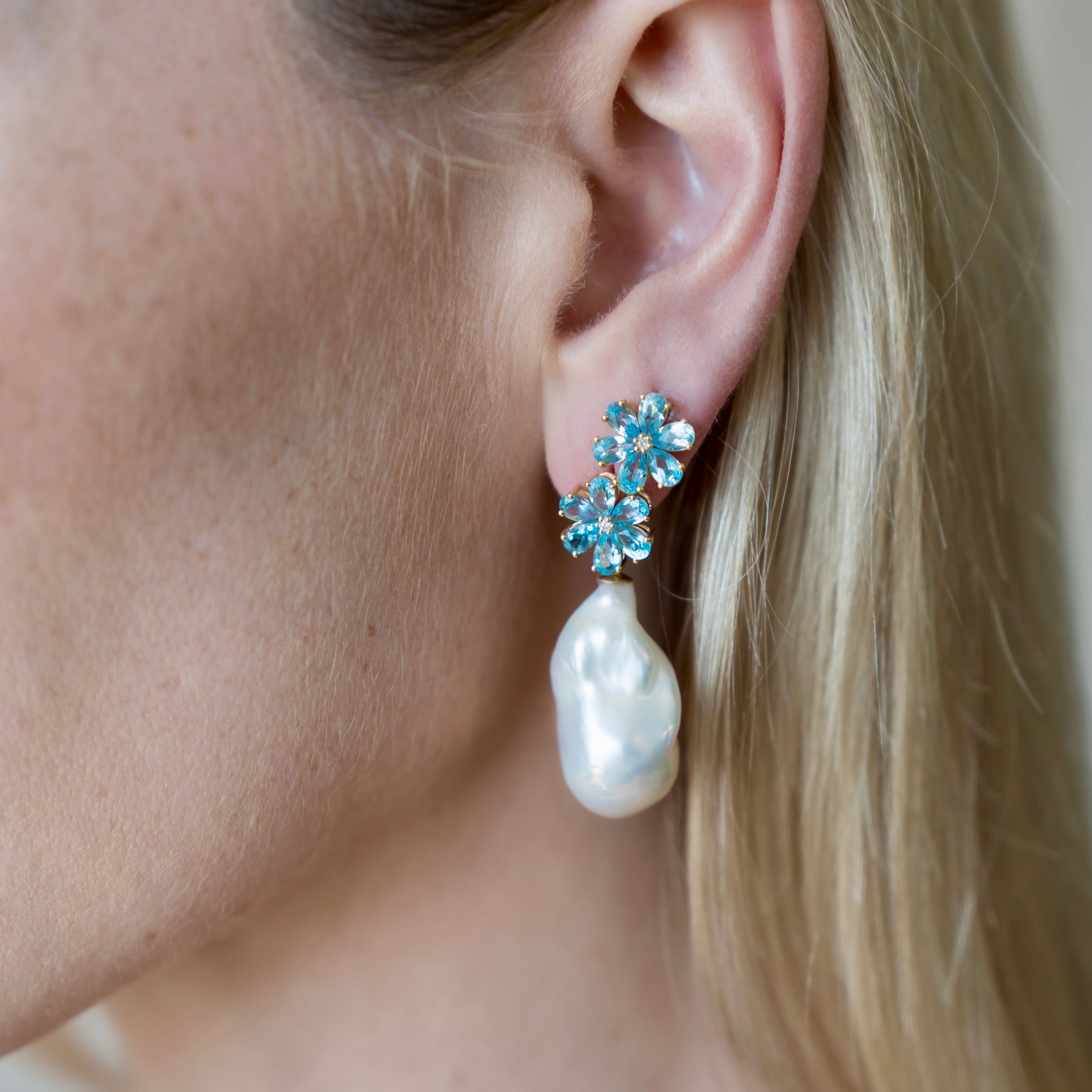 Flora Blossom Topaz Diamond Baroque Pearl Convertible Drop Earrings