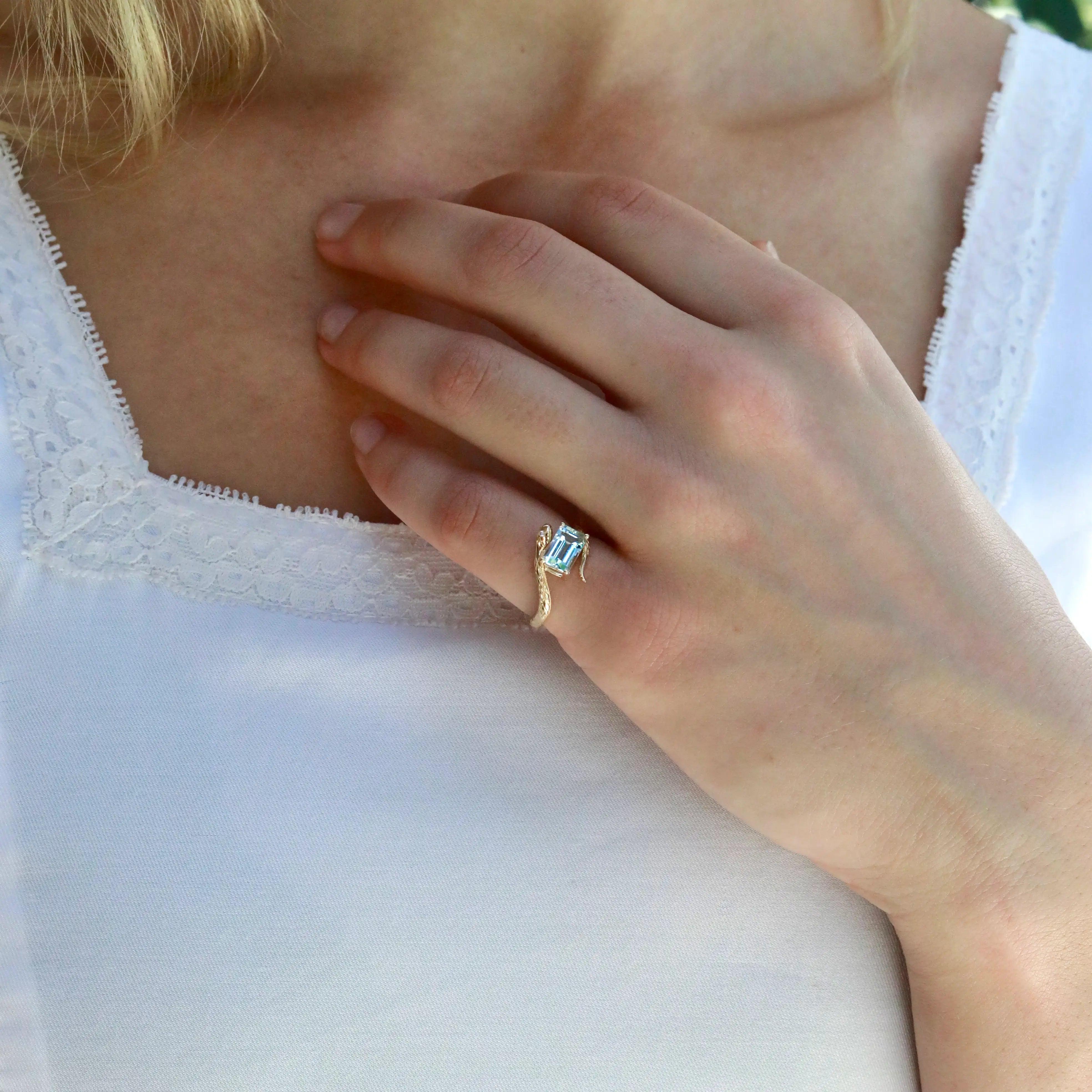 Snake Protection Natural Emerald-Cut Aquamarine & Diamond East-West Ring 14k yellow gold
