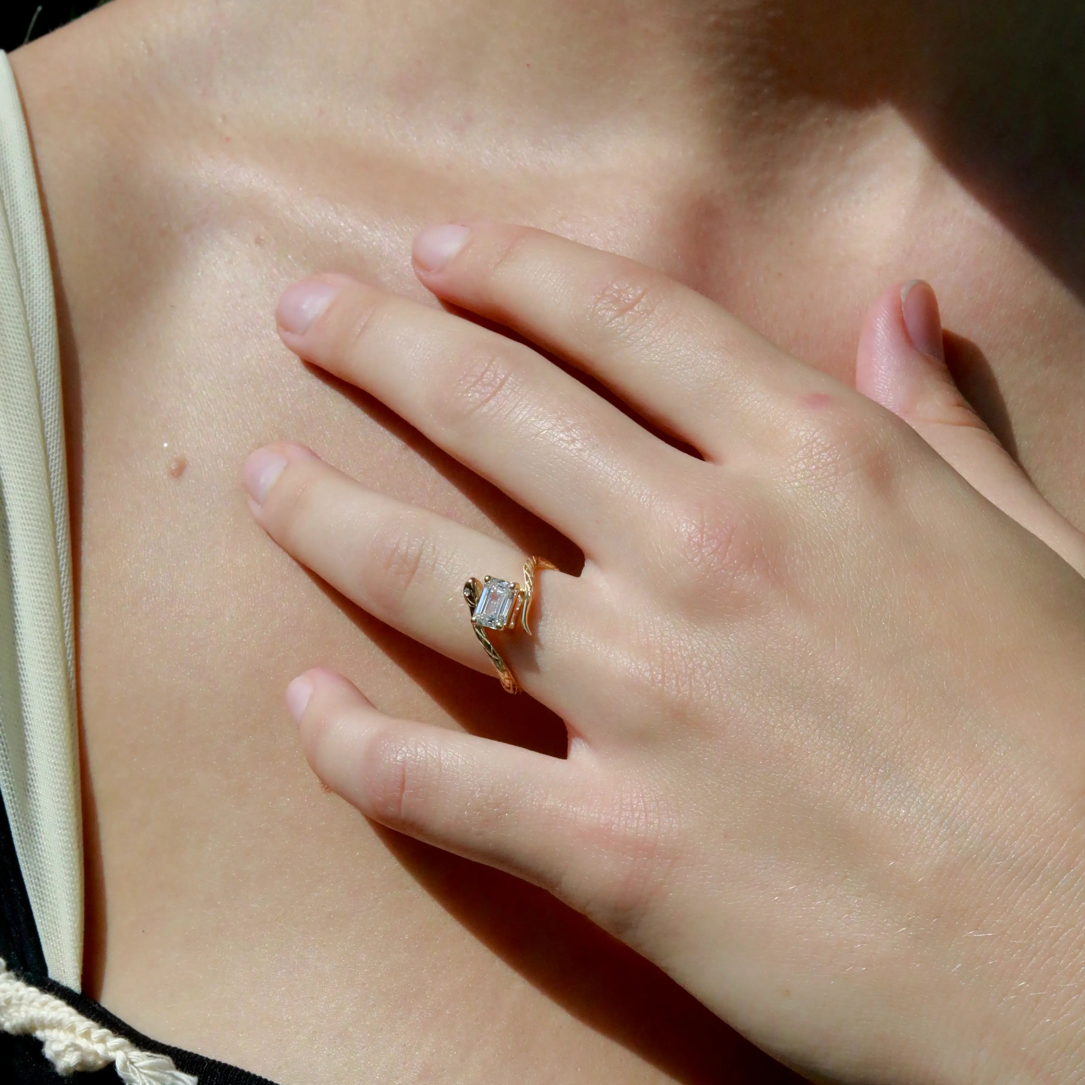 Snake Protection Emerald-Cut 1.00ctw Lab-Grown Diamond East-West Ring 14k yellow gold