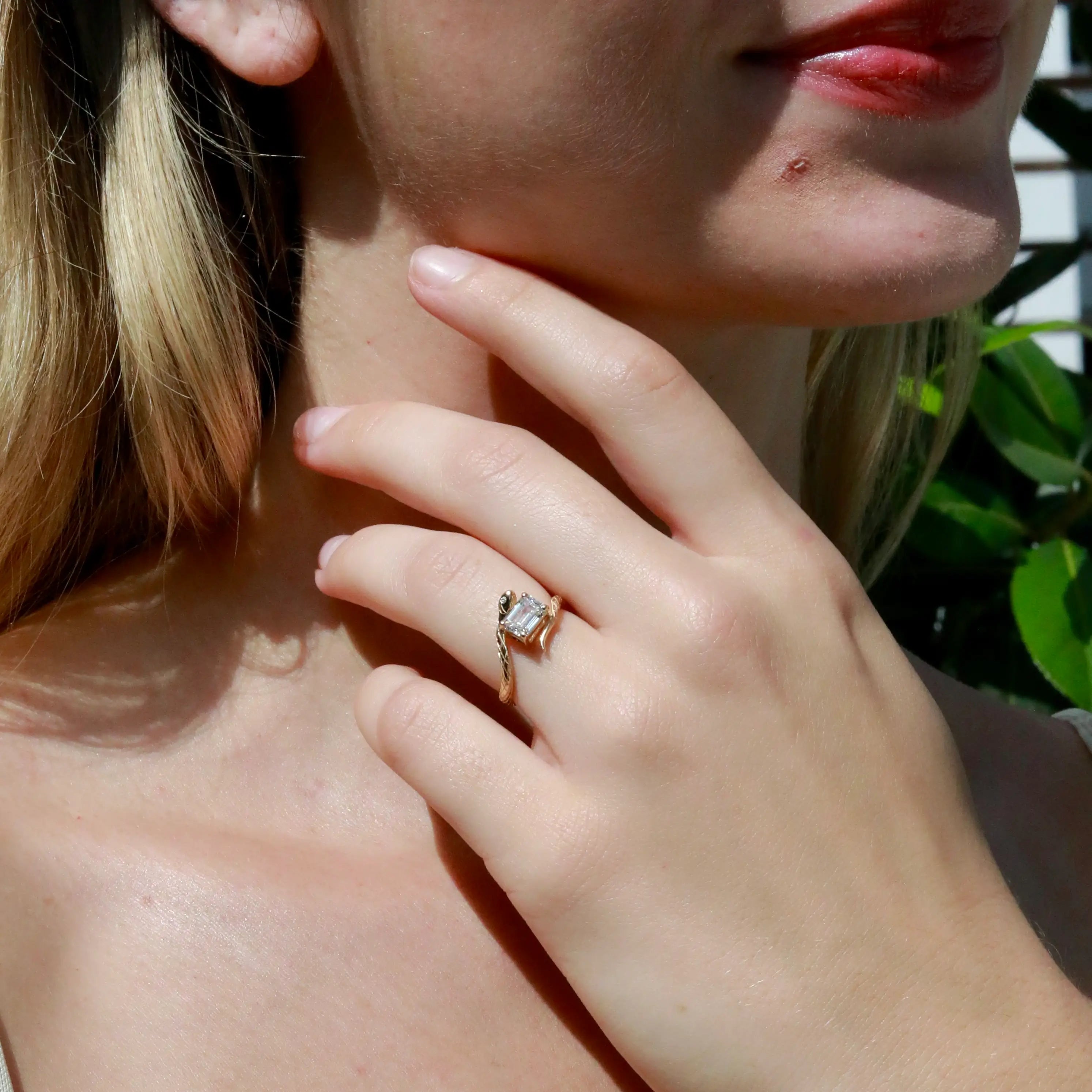 Snake Protection Emerald-Cut 1.00ctw Lab-Grown Diamond East-West Ring 14k yellow gold