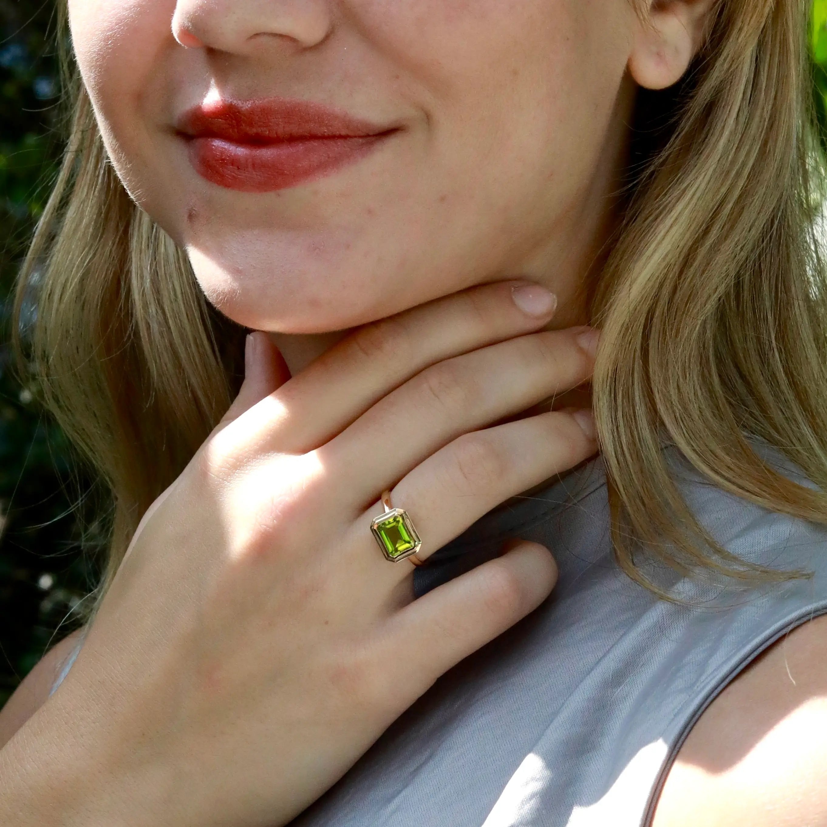Bella East-West Emerald-Cut Natural Peridot Ring 14k yellow gold