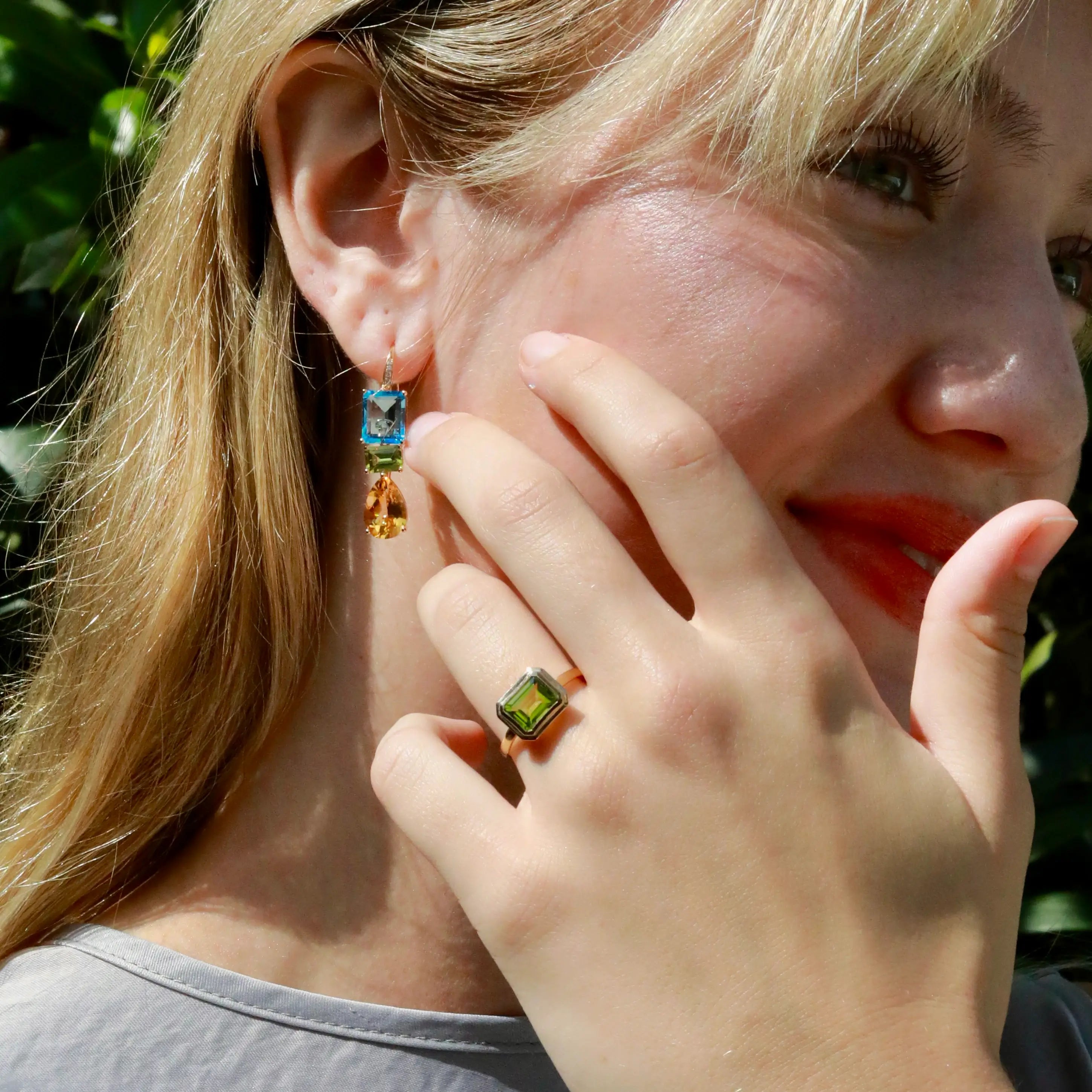 Bella East-West Emerald-Cut Natural Peridot Ring 14k yellow gold with matching gemstones earrings