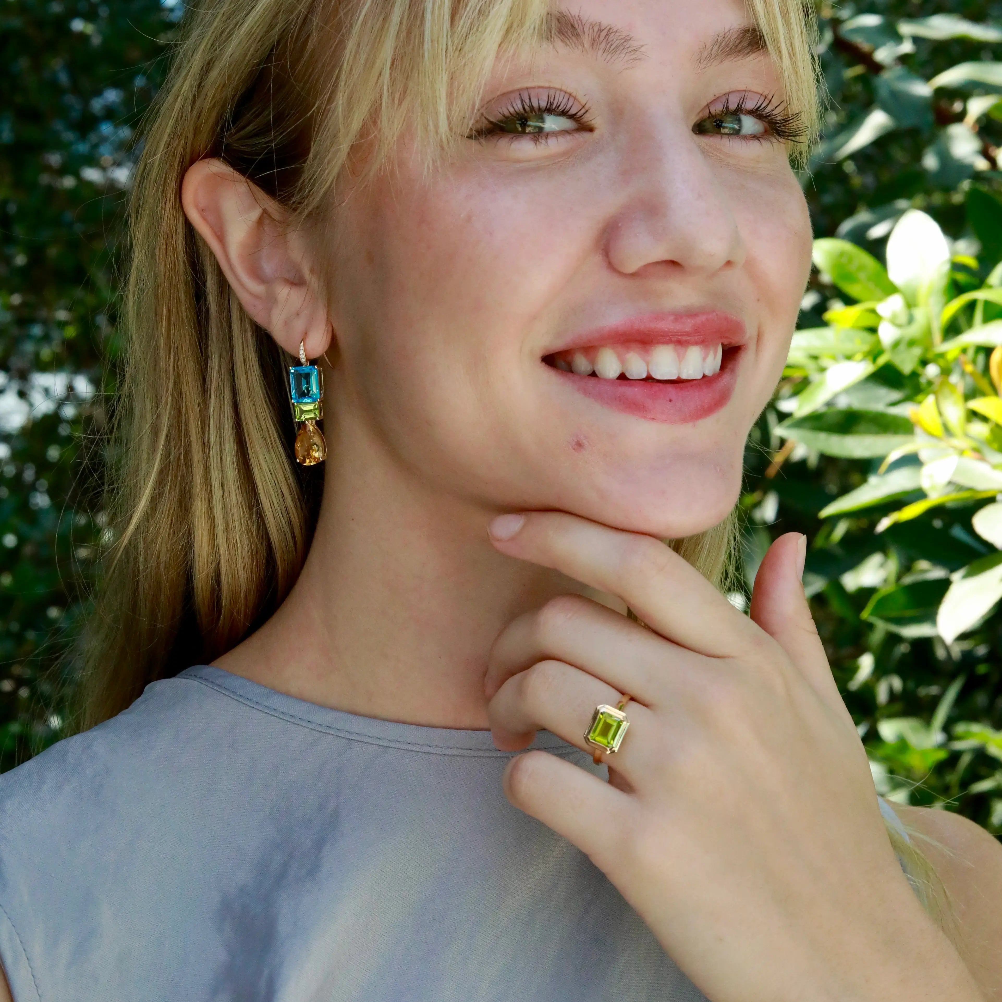 Bella East-West Emerald-Cut Natural Peridot Ring 14k yellow gold with matching gemstones earrings