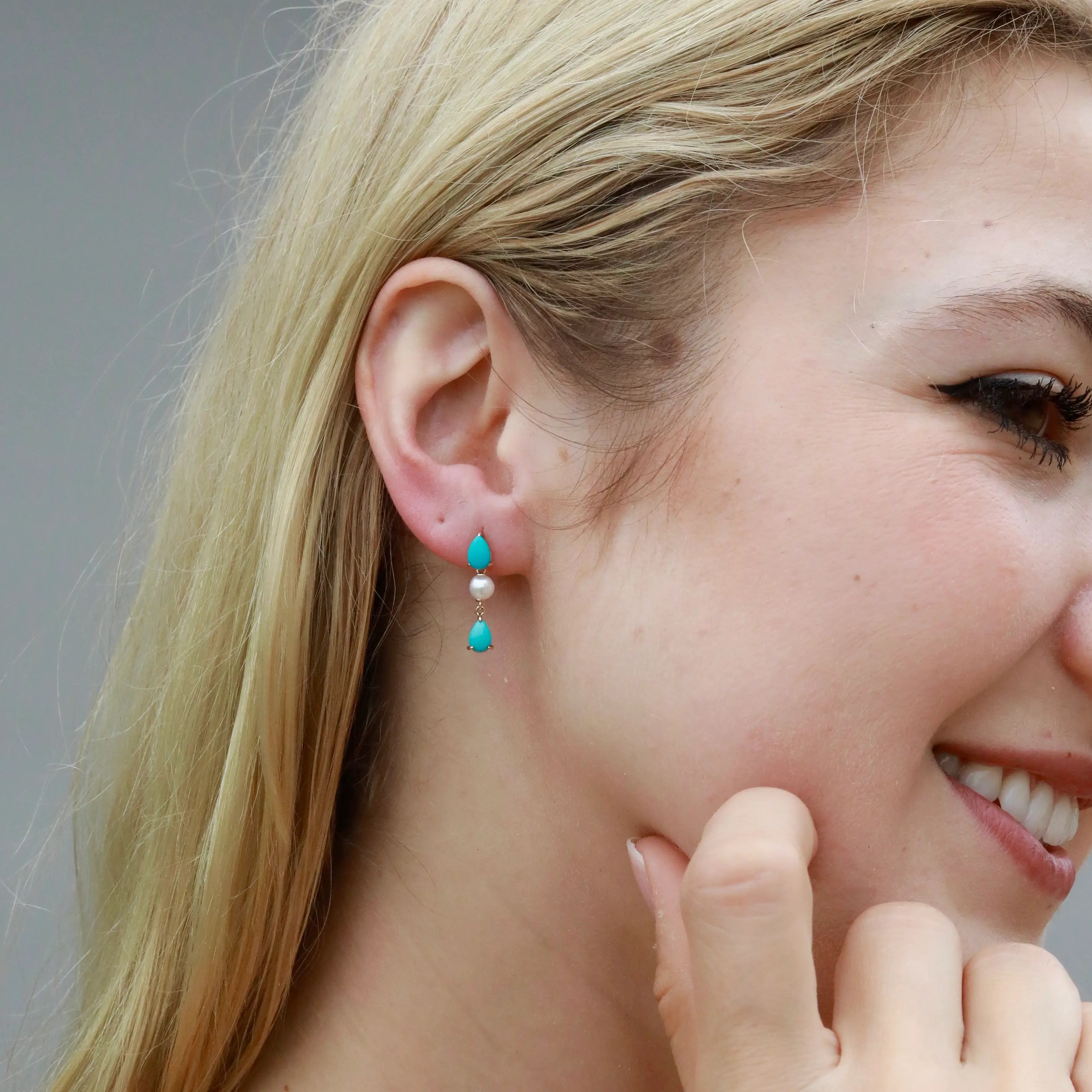 Venus Tears Pear Natural Turquoise Pearl Drop Earrings 14k Yellow gold