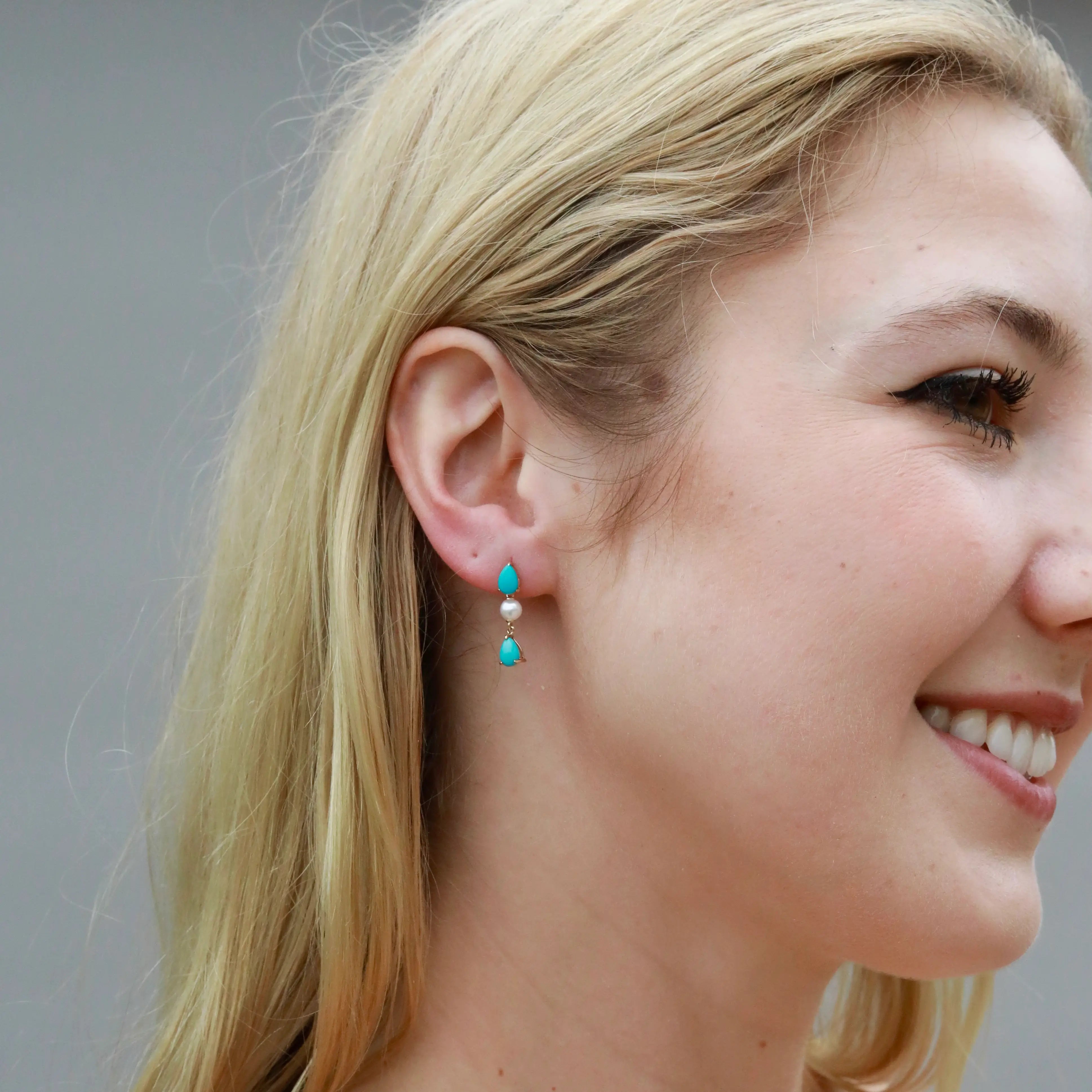 Venus Tears Pear Natural Turquoise Pearl Drop Earrings 14k Yellow gold