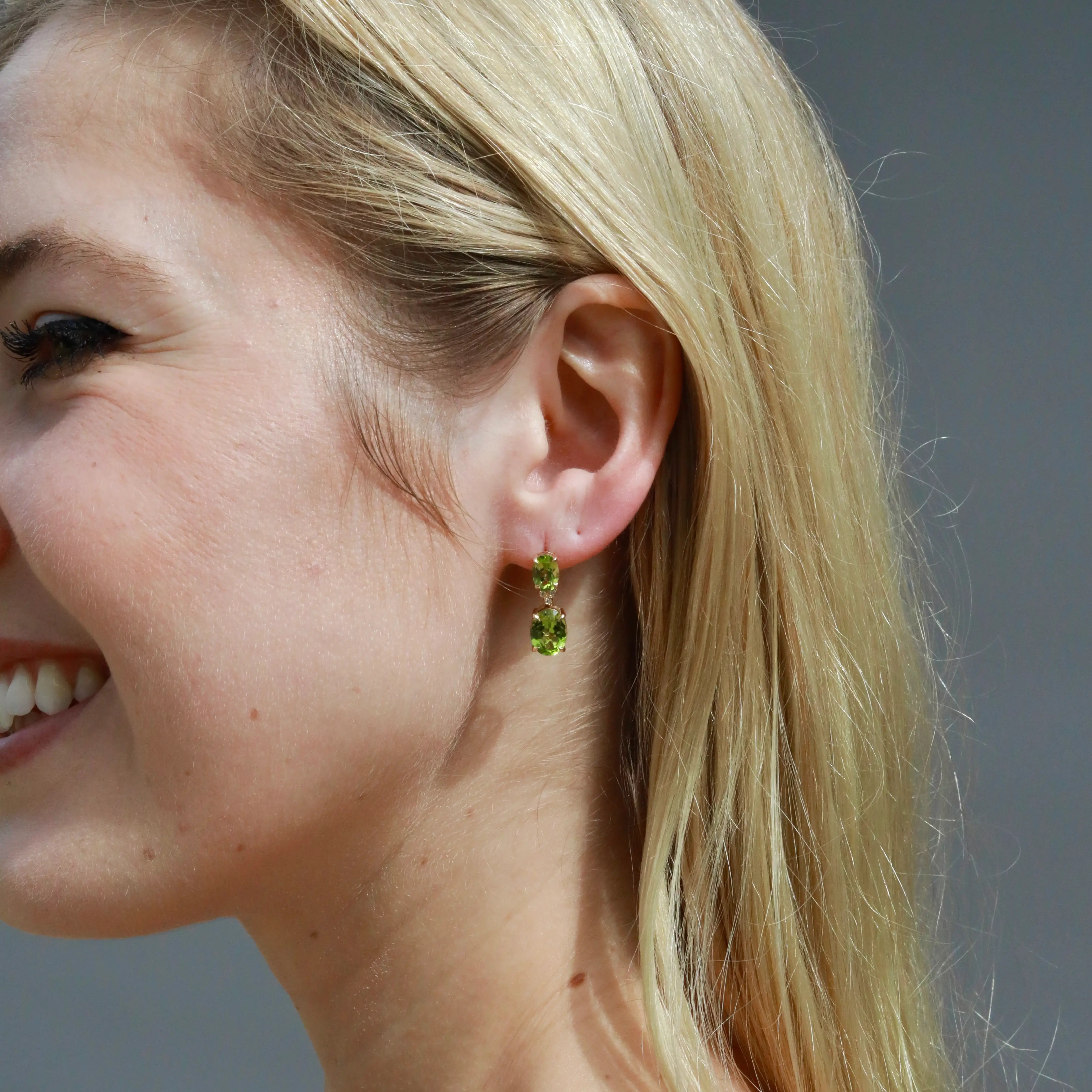 Divina Oval Peridot Diamond Drop Earrings 14k yellow gold